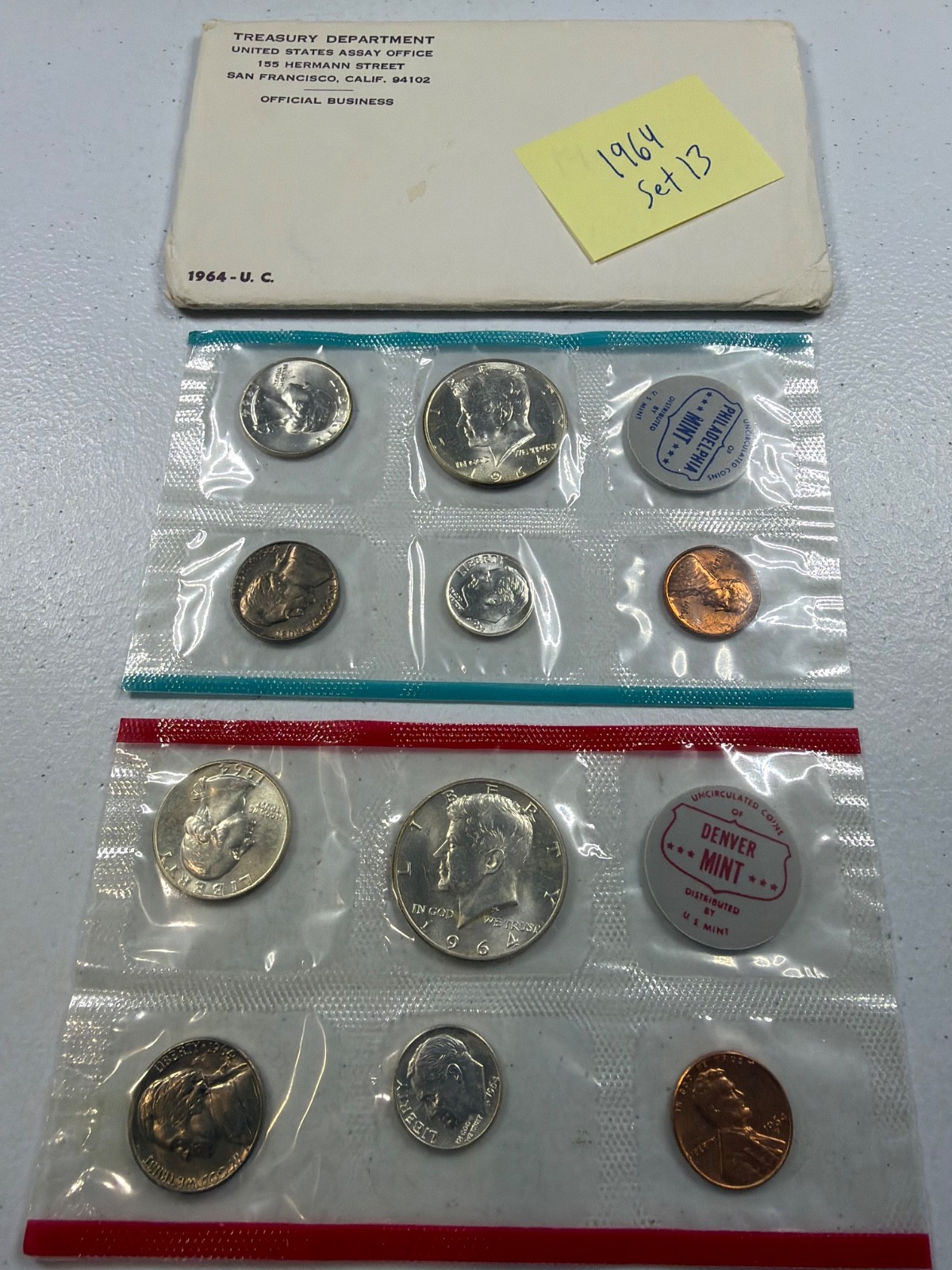(1) 1964  US MINT SILVER P & D Set,  in all OGP,  w/ 90%  SILVER COINS,   SET 13