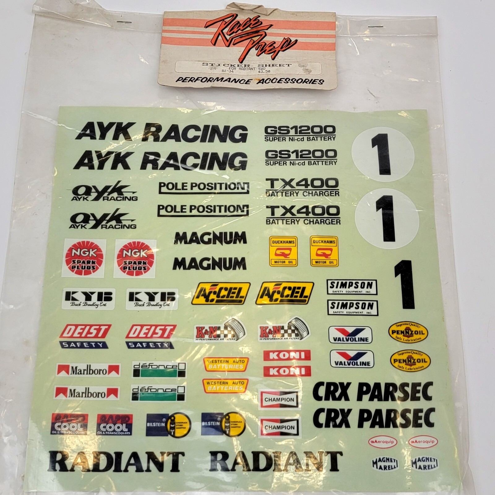Vintage AYK Sticker Sheet For Radiant RZ-34 New In Bag Raceprep NOS