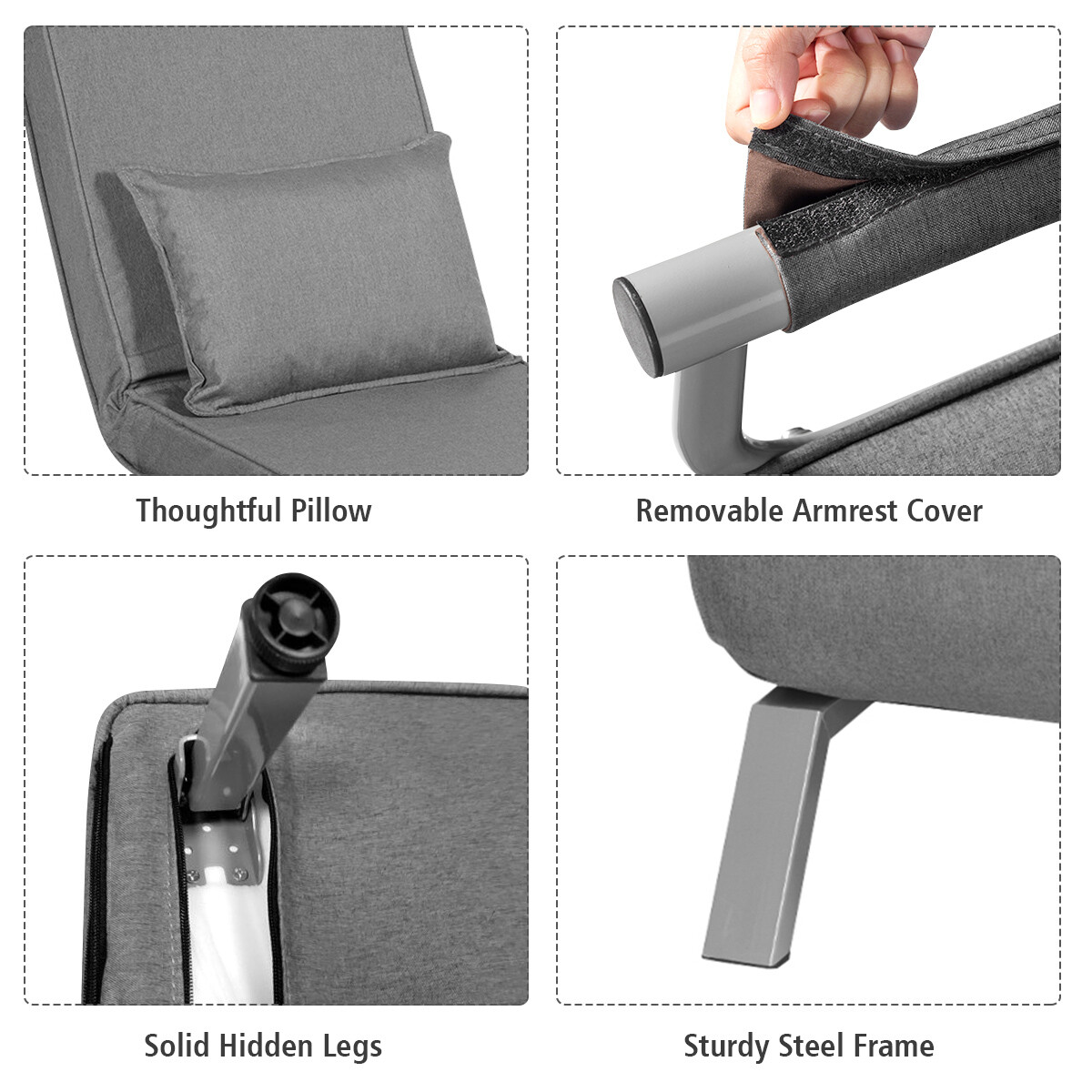 5 Position Convertible Sofa Chair Folding Sleeper Bed w/ Pillow Gray