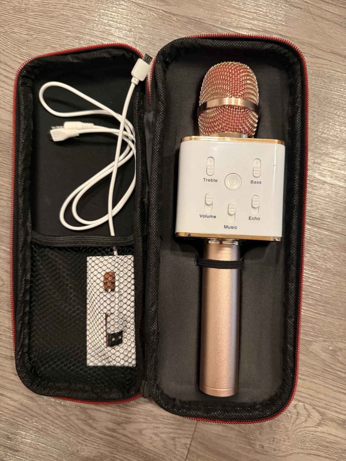 Karaoke Handheld Microphone Rose Gold/White USB Charging, Case & Cable