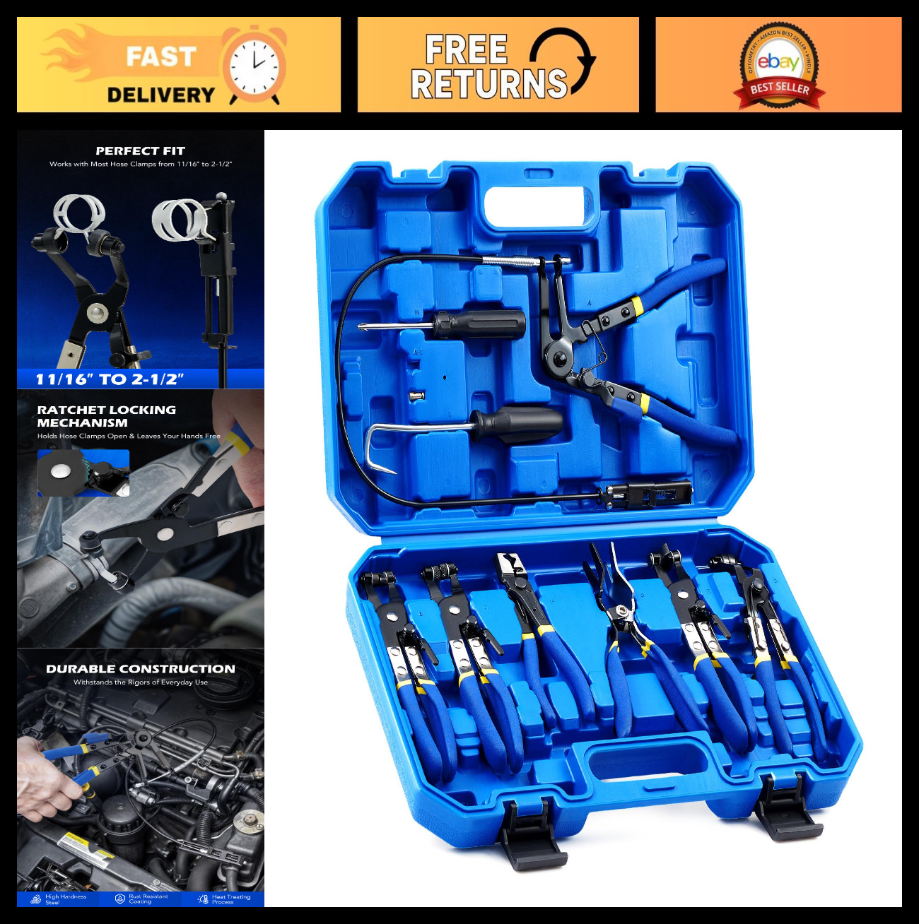 9pcs Hose Clamp Pliers Set for Fuel Oil & Water Hoses | Long Reach Remover Kit,