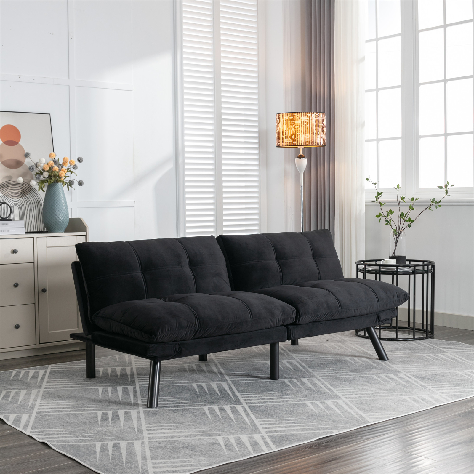 Black Convertible Folding Modern Sofa Bed Fit Small Apartment or Room Well