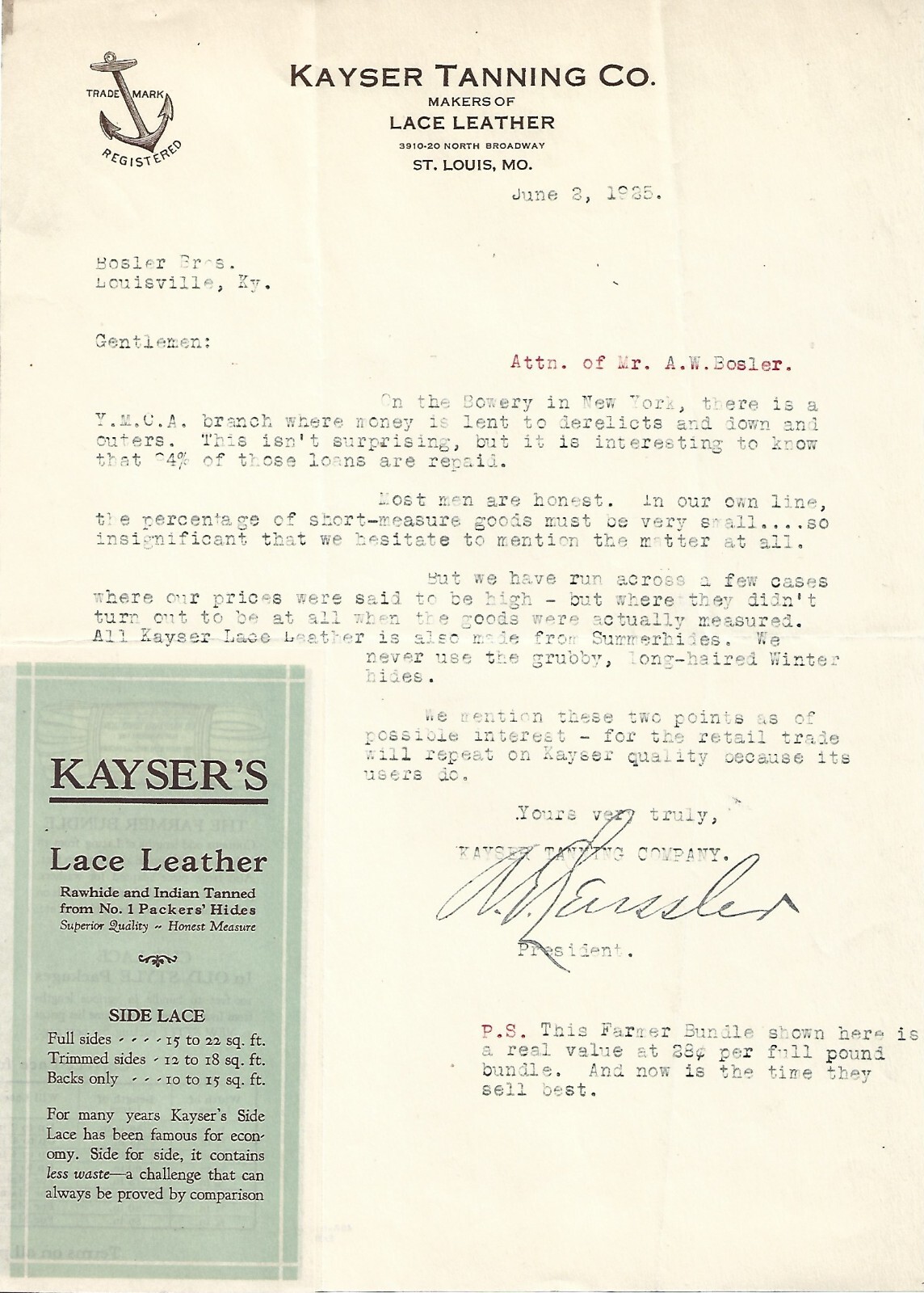 1925 KAYSER TANNING CO/SHOE LACE LETTERHEAD ~ST. LOUIS, MO~SHOE REPAIR/MFG