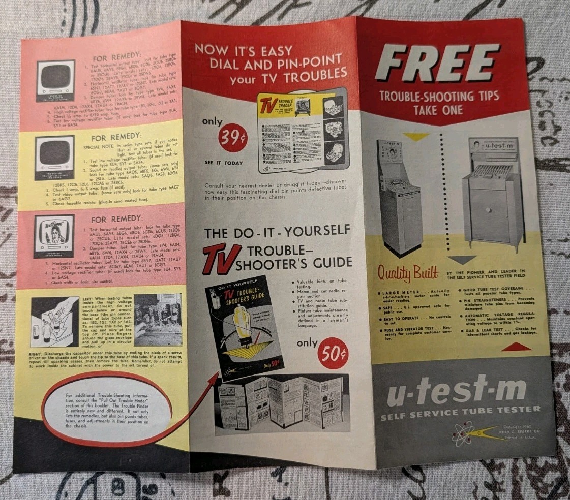 Vintage TV Tube Tester Brochure u-test-m Self Service Tube Tester Fold-Out Guide