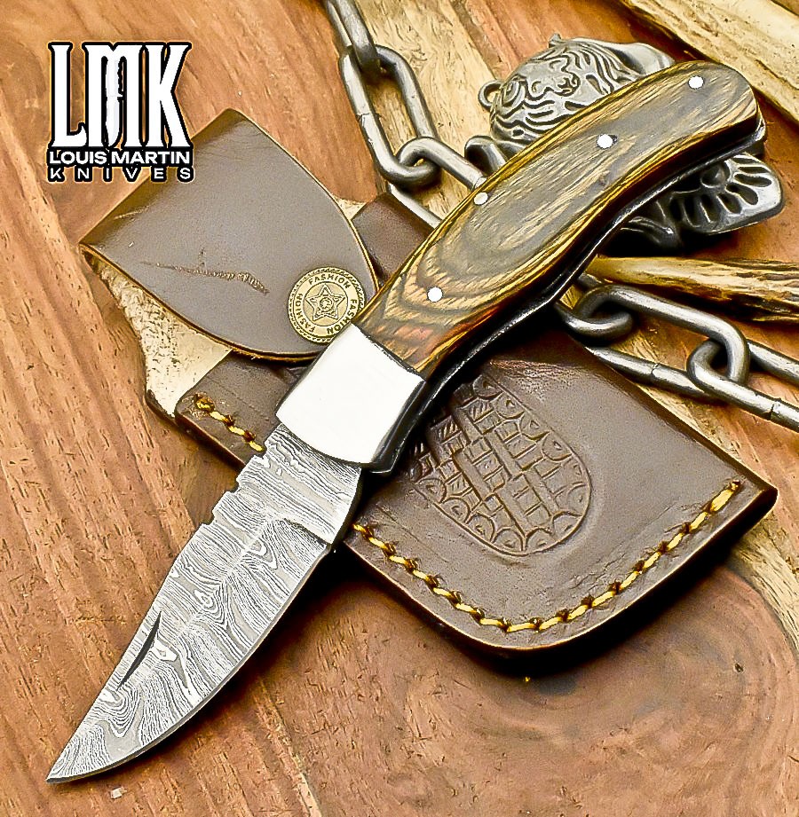 LMK Handmade Twist Damascus Folding Knife Hard Wood Back Lock Tactical