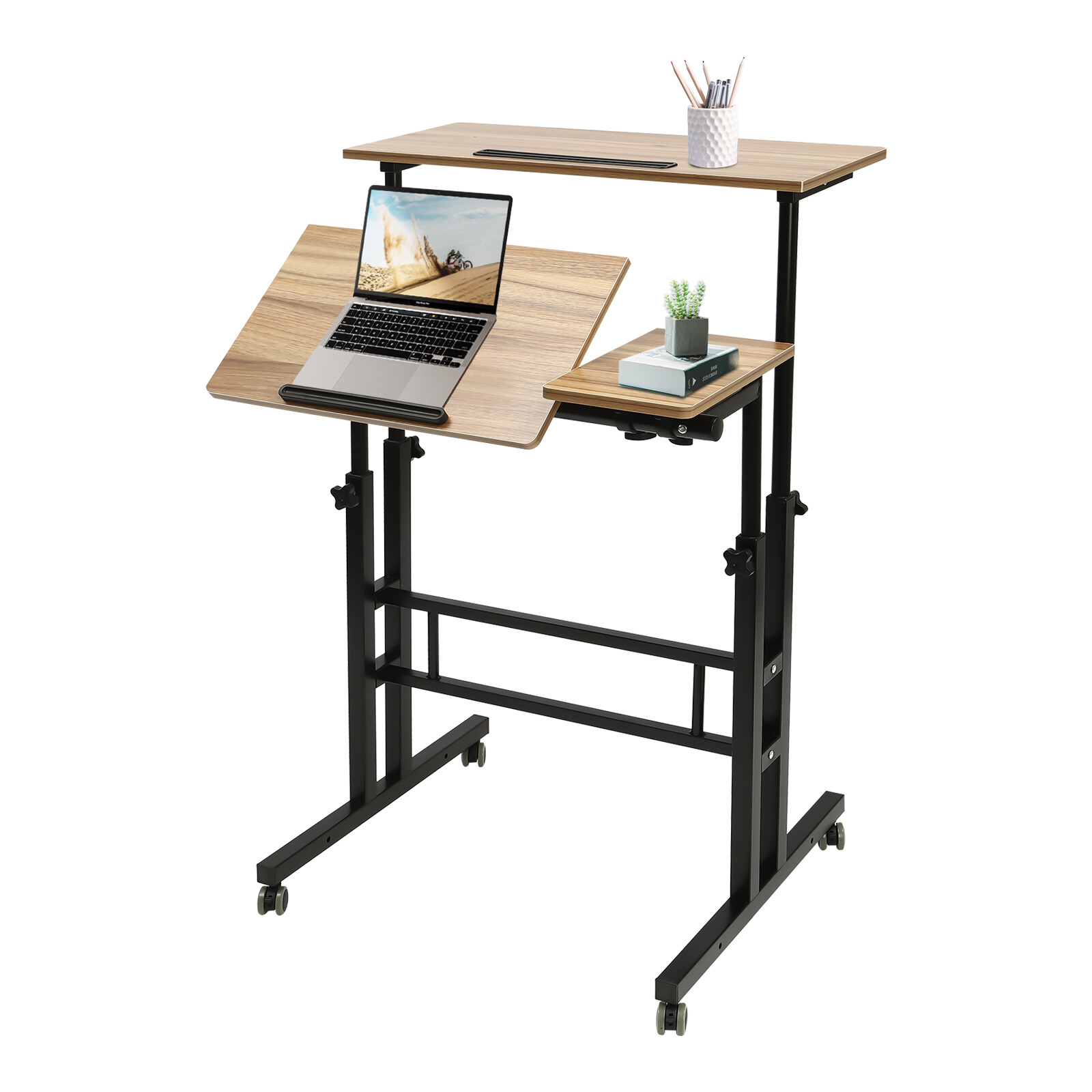 Iron-Brown Adjustable 8.5-49.5in High Rolling Laptop Cart Sit Desk W/ 4 Wheels