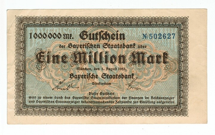 GERMANY BAYERISCHEN STAATSBANK 1 MILLION MARK MUNCHEN 1923
