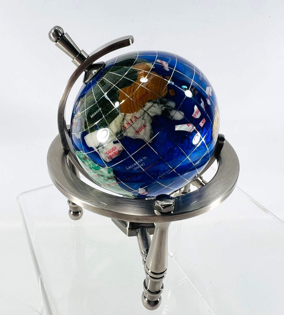 6" Mini black Gemstone World Globe with Silver Stand Tripod Office Desk Decor
