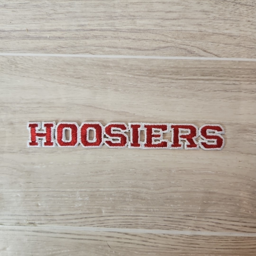 Hoosiers Iron On Embroidered Patch - Red Lettering With White Outlines