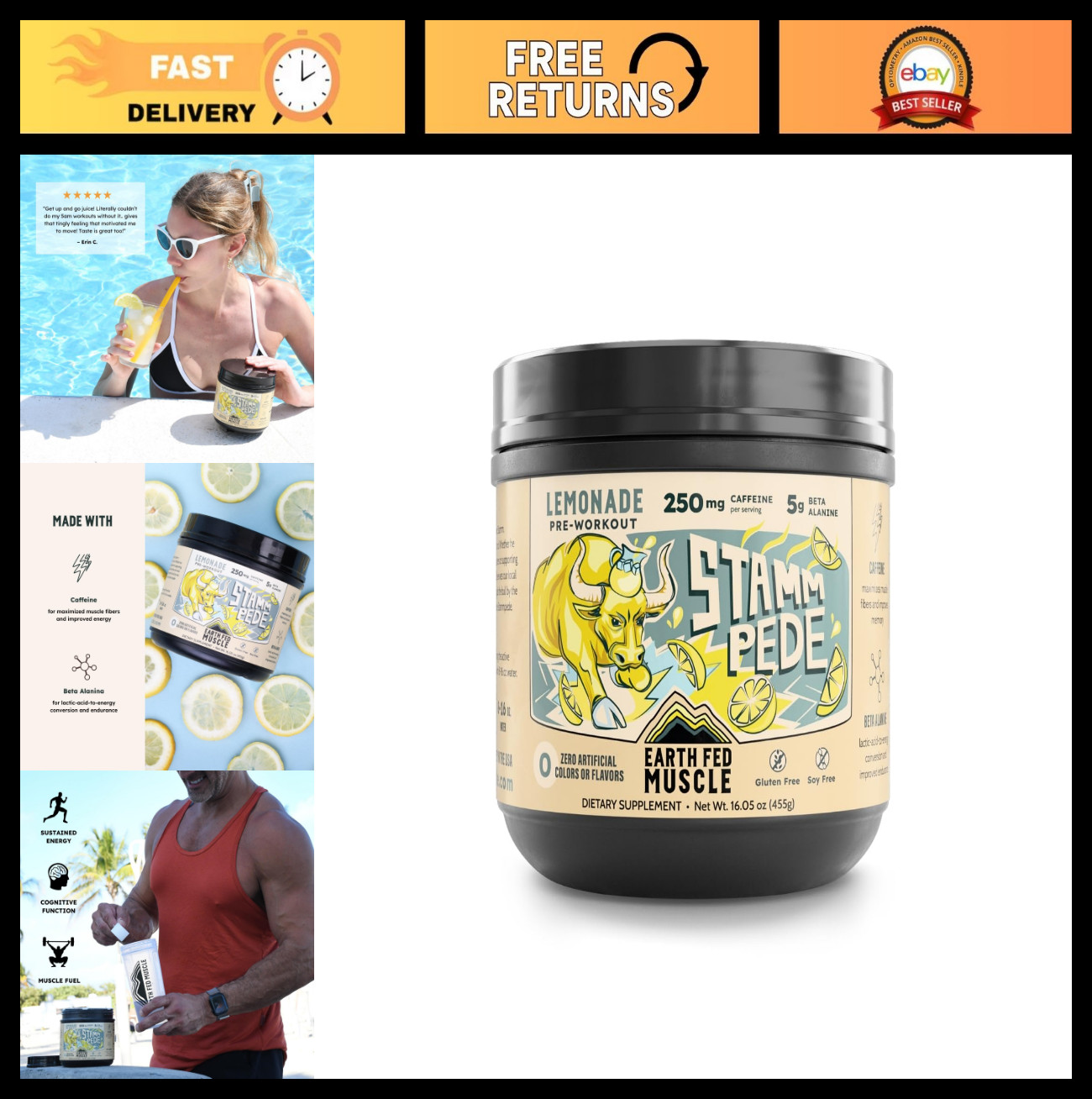 Lemonade Pre Workout Supplement - 250mg Caffeine, 5g Beta Alanine, Citrulline, 2