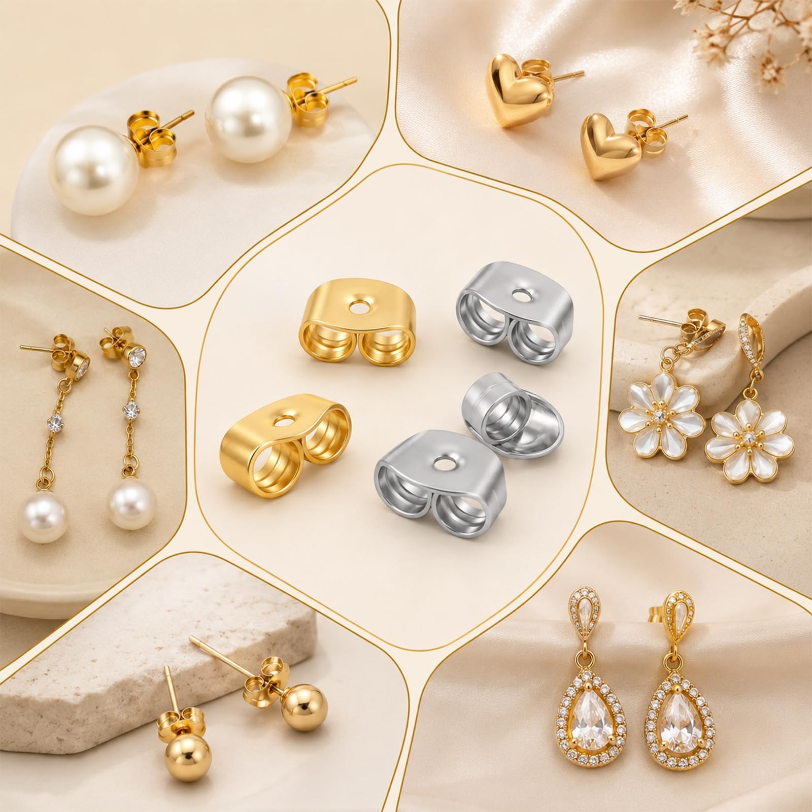 30 Pairs Metal Earring Backs for Studs Locking gold and silver