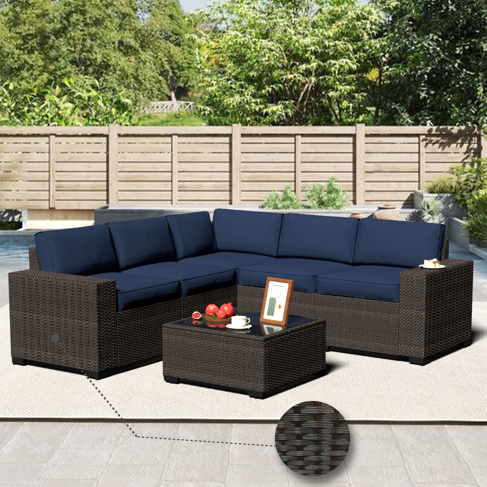 6pcs Outdoor Patio Furniture Set, PE Rattan Sectional Couch with Thick