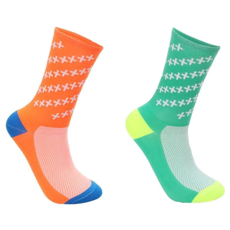 2Pairs Cycling Socks Riding Bicycle Bike Sports Ankle Socks XC MTB Green Orange