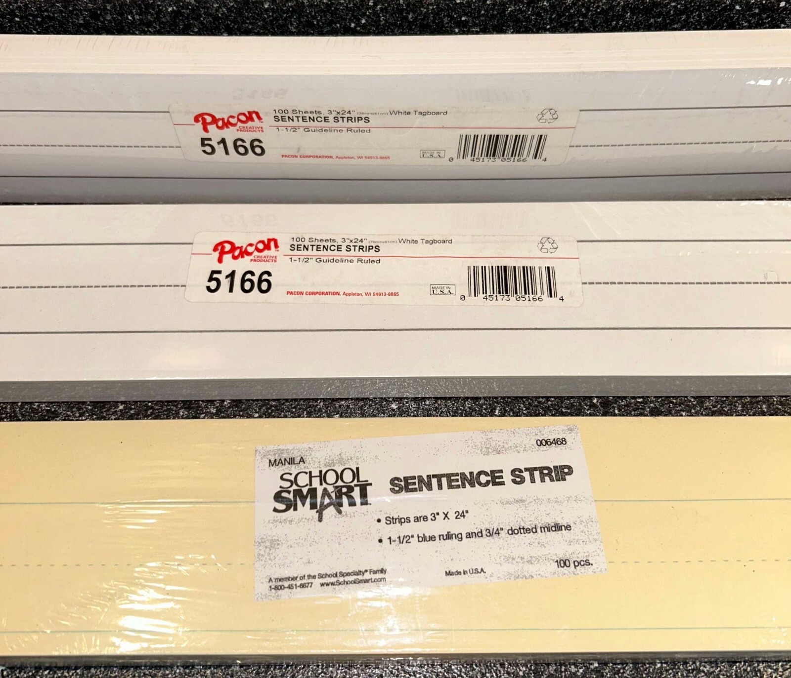 LOT (3) NEW PACON Sentence Strips 24 x 3 White And Manila 100 Sheets Per Pack