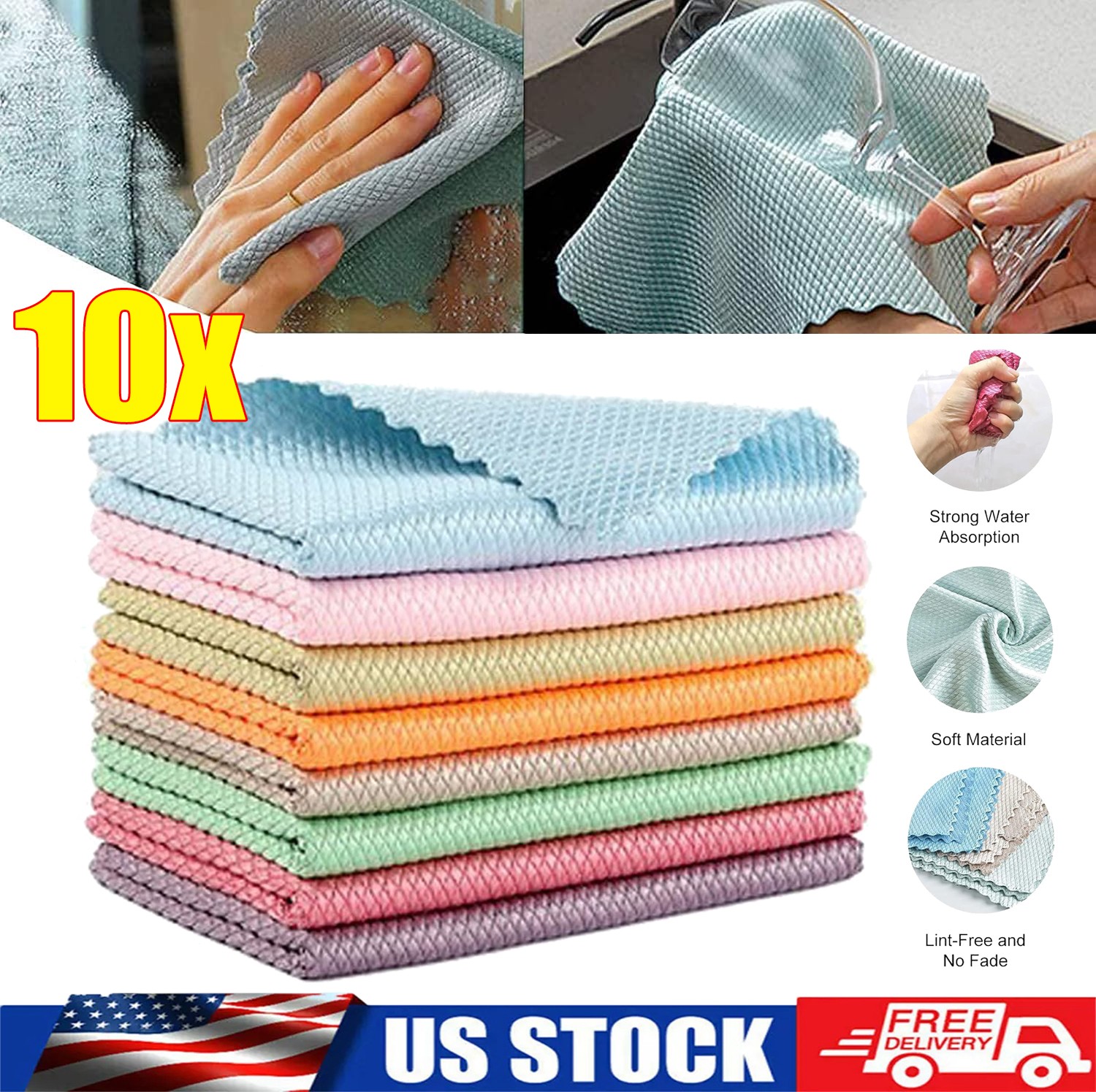 10x Cleaning Fish Scale Cloth Microfiber Nanoscale Cleaning Lint Free Easy Kitch