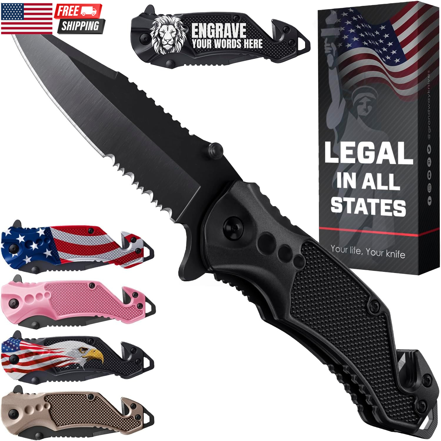 Legal Pocket Knife with 2.95” Serrated Blade, Glass Breaker, Seat Belt Cutter -