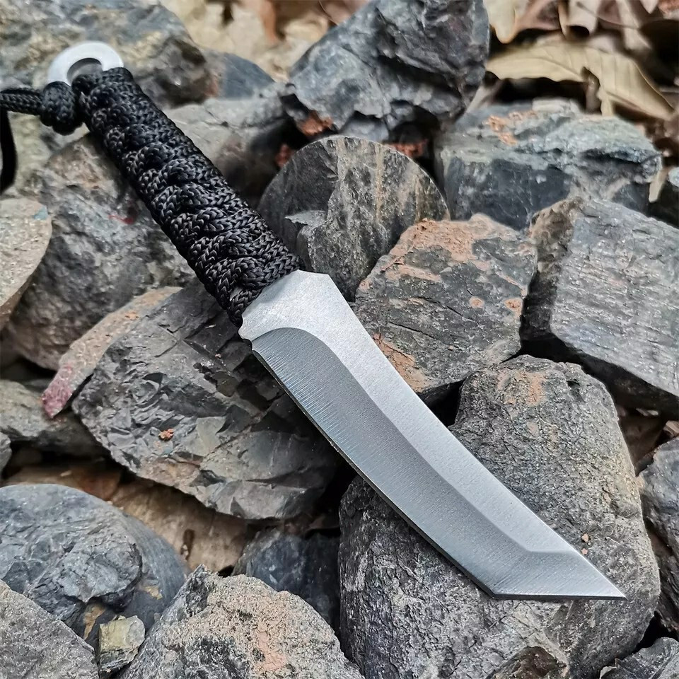 7" Tactical EDC Tanto Fixed Blade Knife Nylon Sheath Cord Wrapped Steel Handle