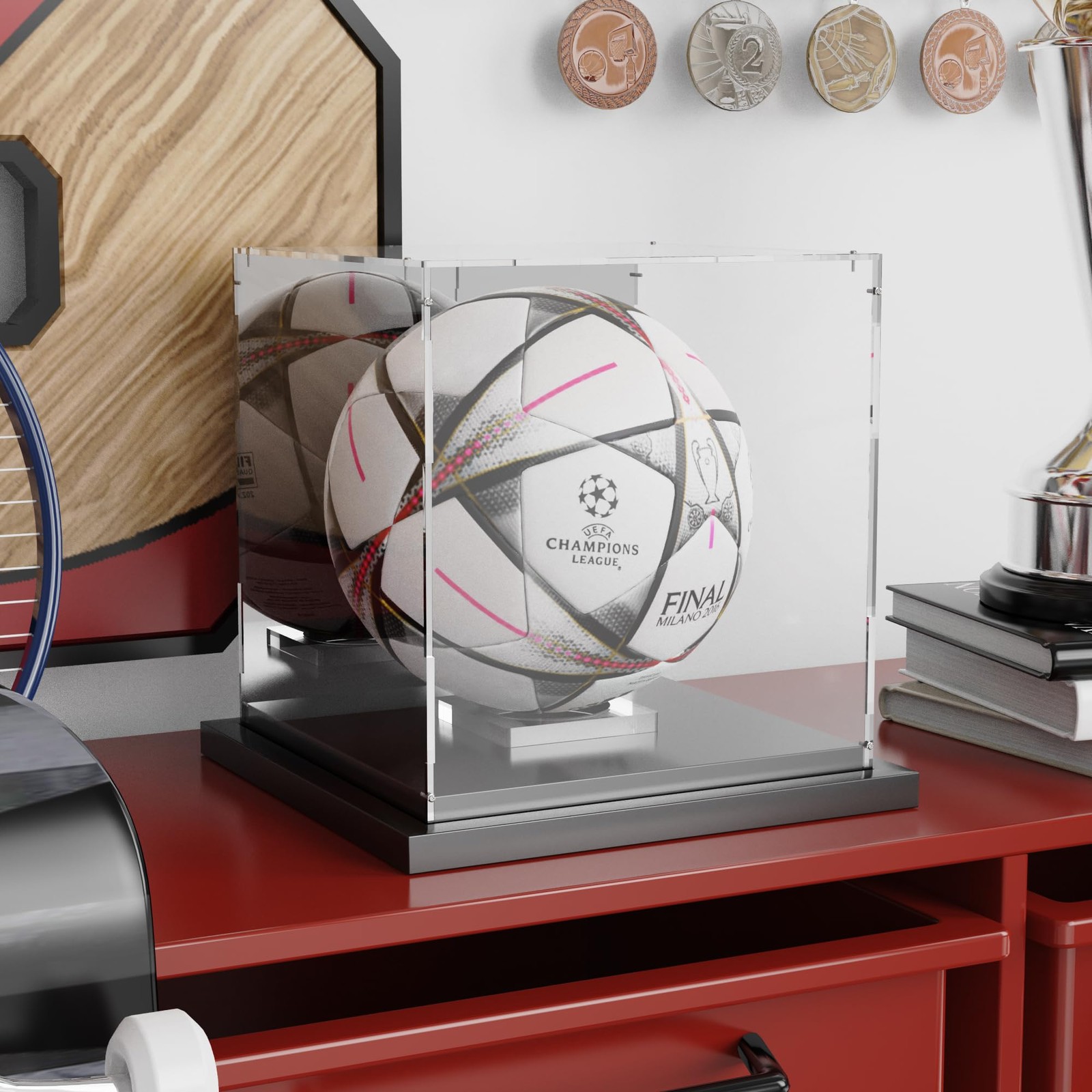 Soccer Ball Display Case Clear Acrylic Display Case Box with Mirror Back and ...