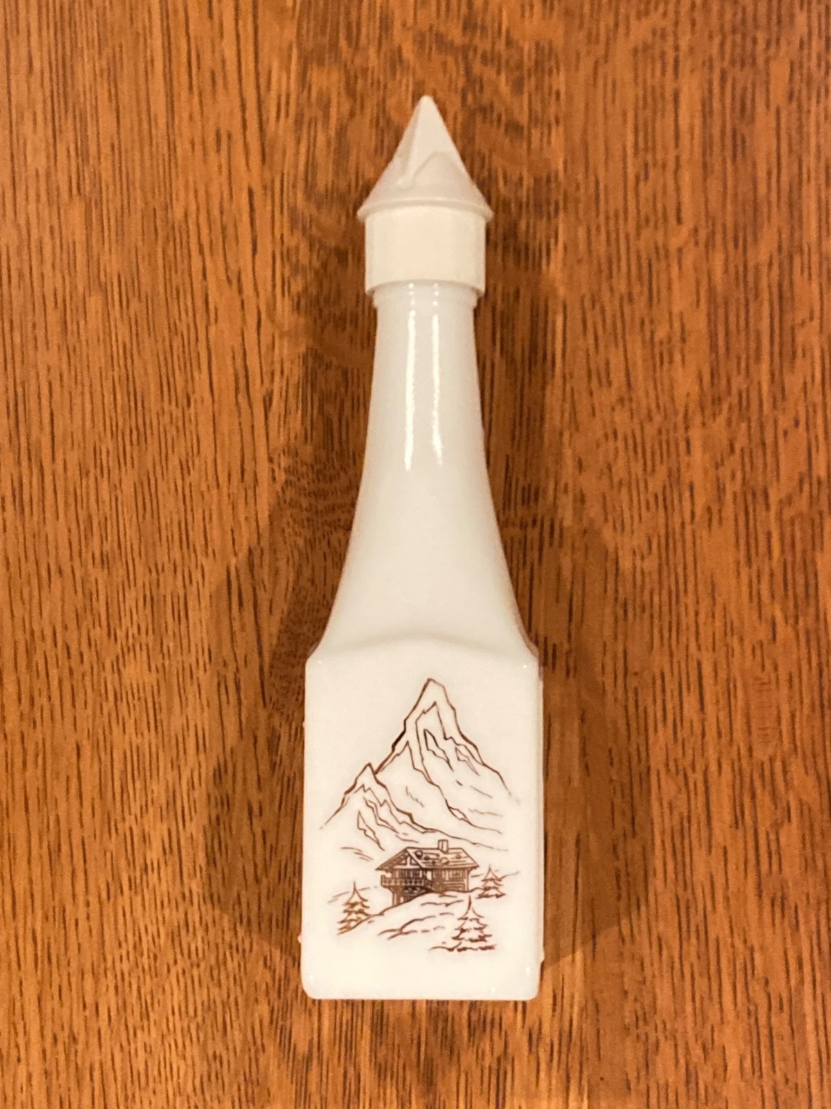 Vintage Liquor Bottle - Swiss Alps - White Milk Glass with Lid (empty)