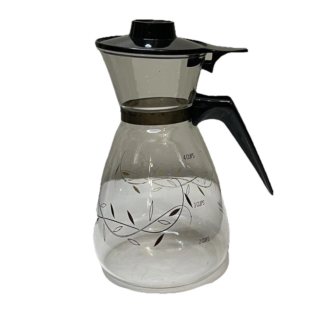 Vintage Tricolette 4 Cup Flameproof Glass Coffee Carafe Gold Vine Leaf Design