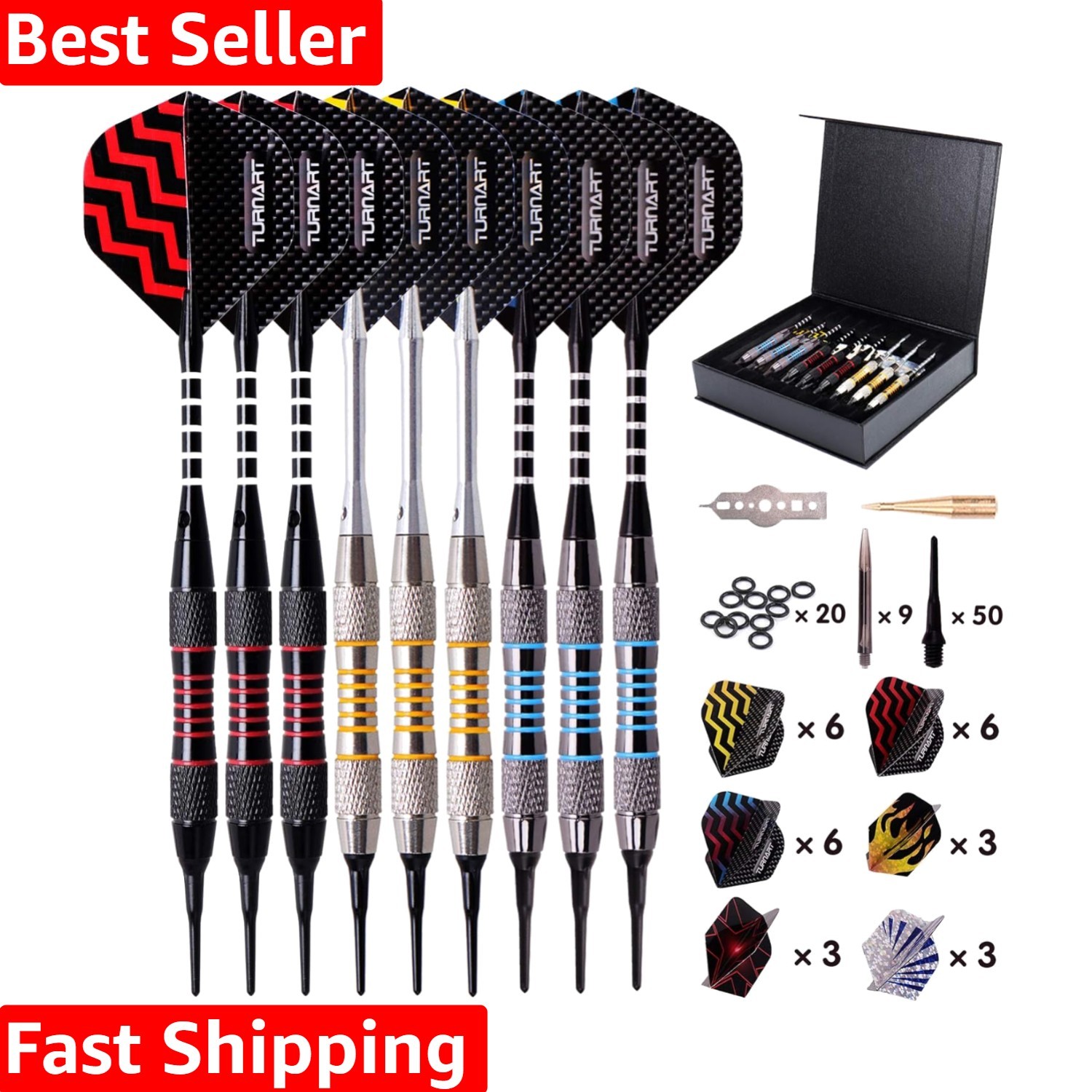 Luxury Soft Tip Darts Set for Electronic Dartboard - 9 Pcs, 18g, Gift Case