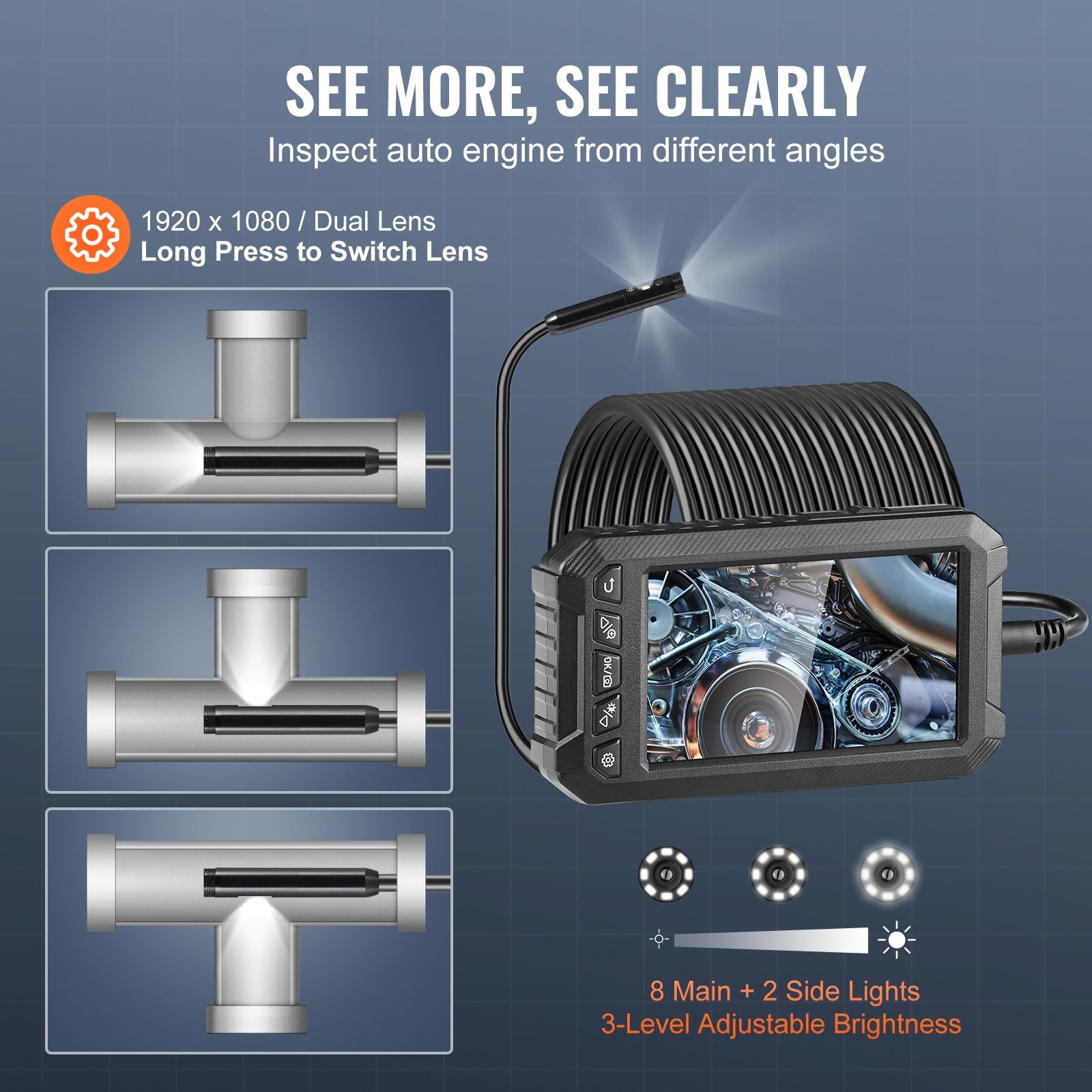 Endoscope Camera with Light, Triple Lens Borescope with 49.2FT Semi - Rigid