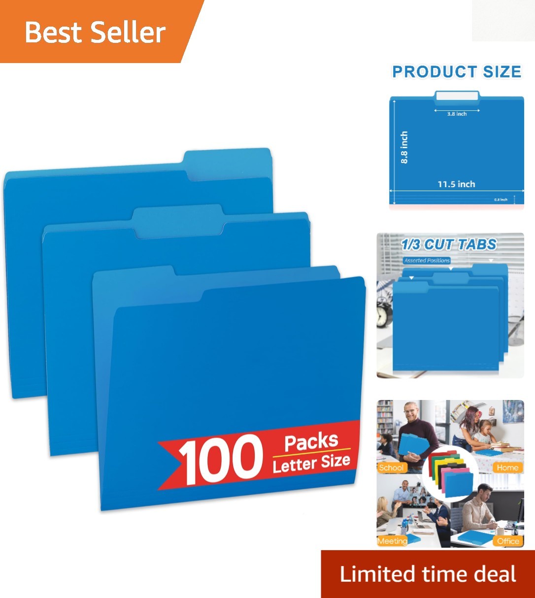 100 Pack Blue File Folders with 1/3-Cut Tabs - Durable Organization Solution