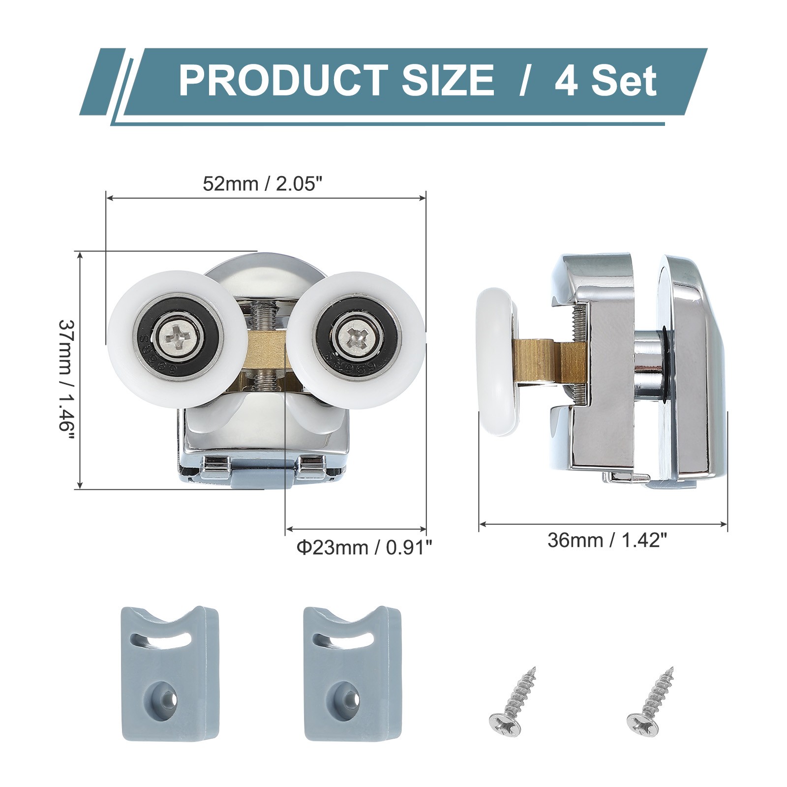 4Pcs 23mm Double Shower Door Rollers Copper Top Wheels Pulleys Guide Silver