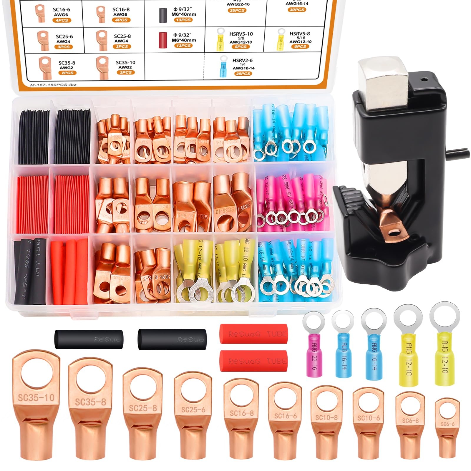mankk 180PCS Copper Wire Lugs with Tool AWG 2 4 6 8 10 12 14 16 Gauge Battery...