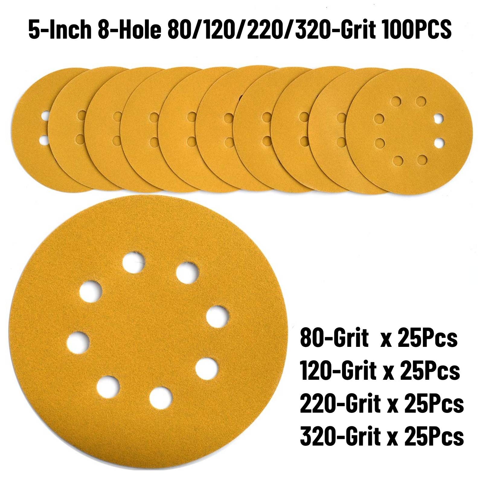 100PCS 5" Sanding Discs 8-Hole Hook Loop Sander Orbital Sandpaper 80 120 220 320