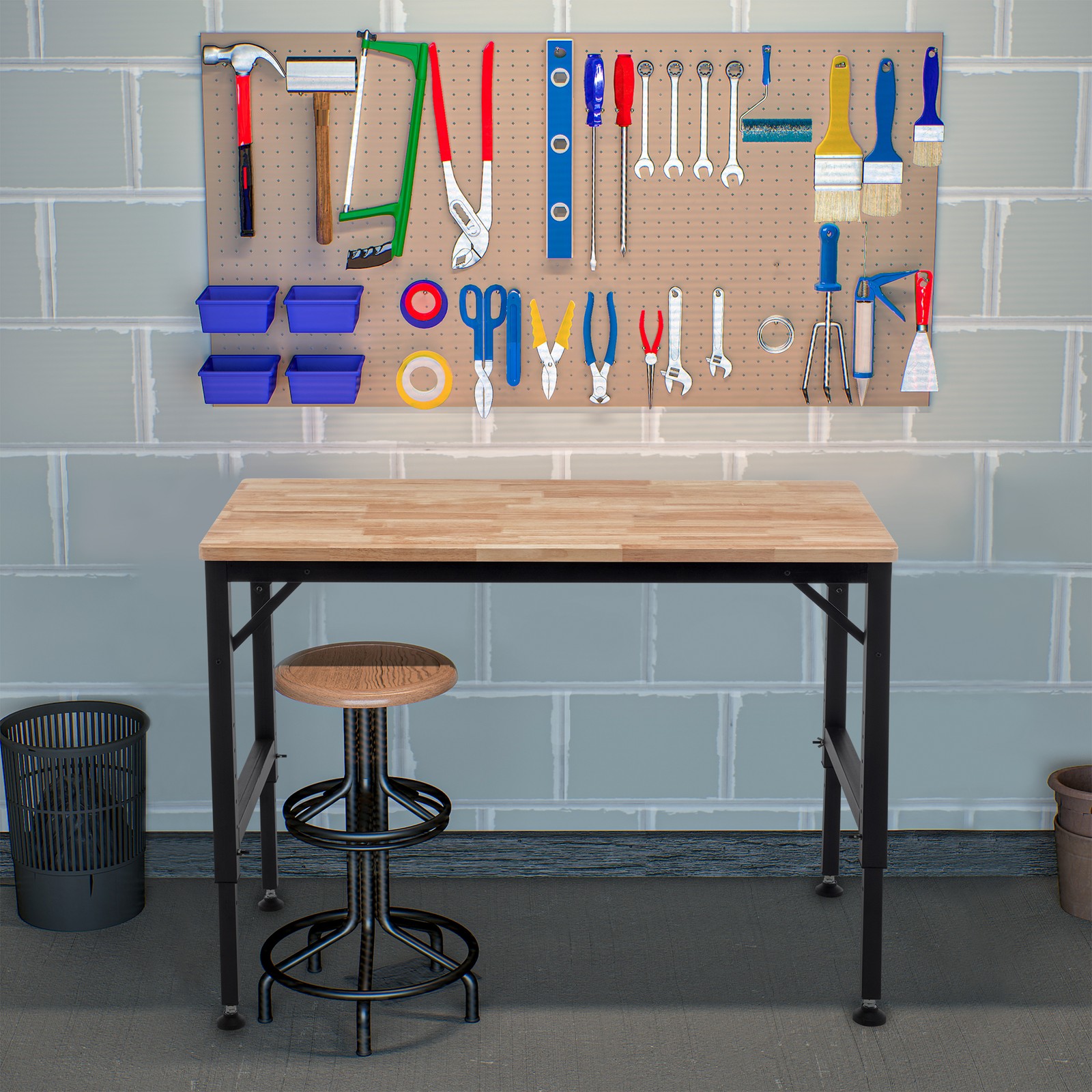 48" Adjustable Workbench Garage Shop Table Rubber Wood 2000 Lbs Capacity