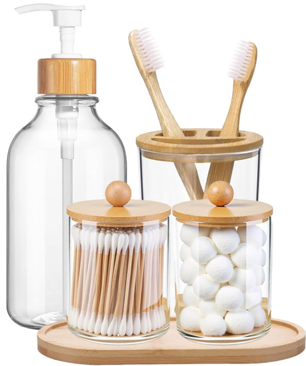 Set Accesorios Baño Bambú 5 Piezas Dispensador Portacepillos Organizadores Negro