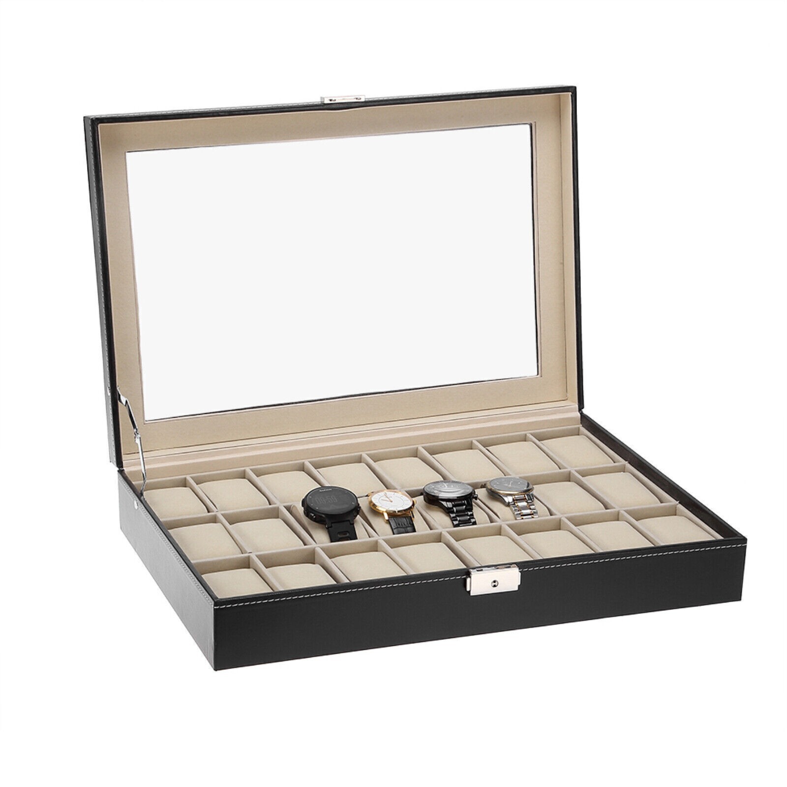 24 Slots Watch Box PU Leather Watch Case Organizer Watch Display Case Lockable A