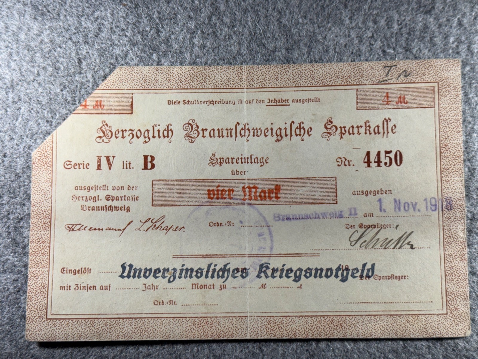 1918 Germany 4 Mark Federal state of Brunswick Notgeld SPC1344