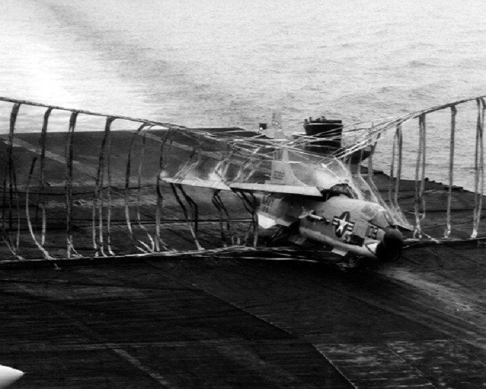 Navy Vought F-8 Crusader barrier landing USS Ticonderoga Vietnam War Photo 778
