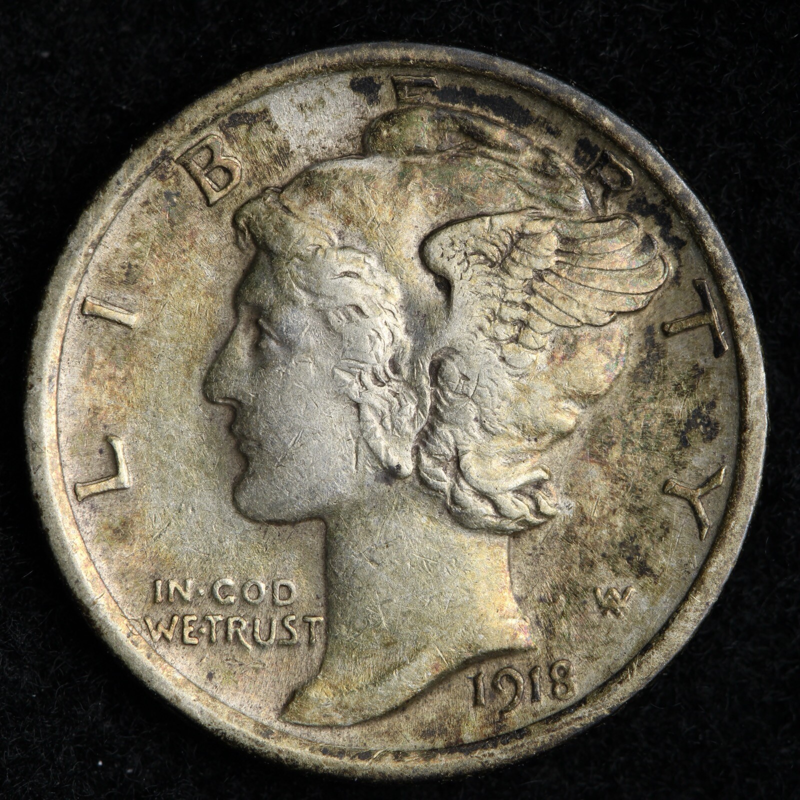 1918 Super Original Mercury Silver Dime CHOICE AU+ TONED E288 KCM