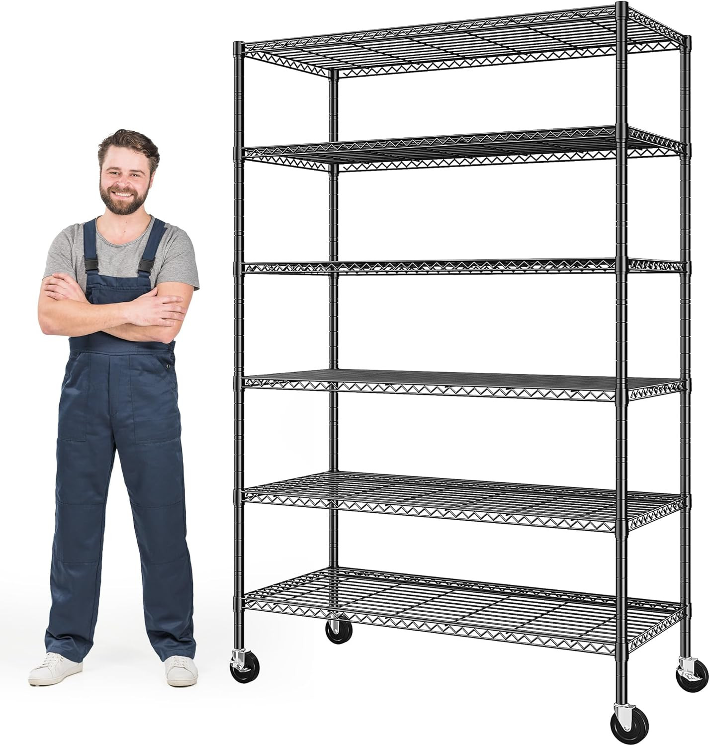 82" H X45 W X18 D Storage Shelves with Wheels, 6 Tier Wire Shelving Adjustable M