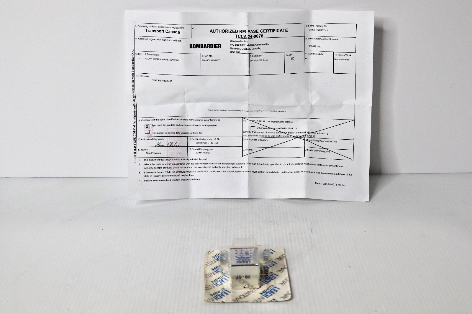 Leach B0804005-D4N003 Relay Subminiature 25A/3PDT - New with FAA 8130-3 Form