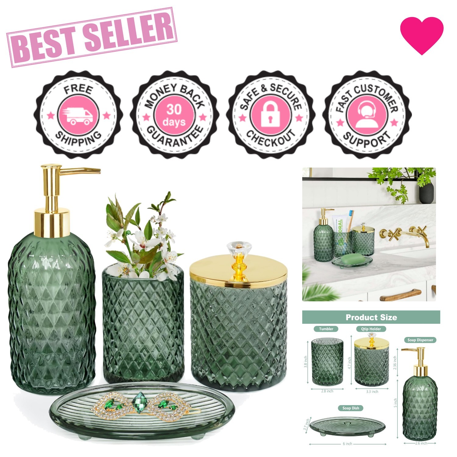 Versatile Sage Green Glass Bathroom Accessories: Lotion Dispenser & More - 4 Pcs