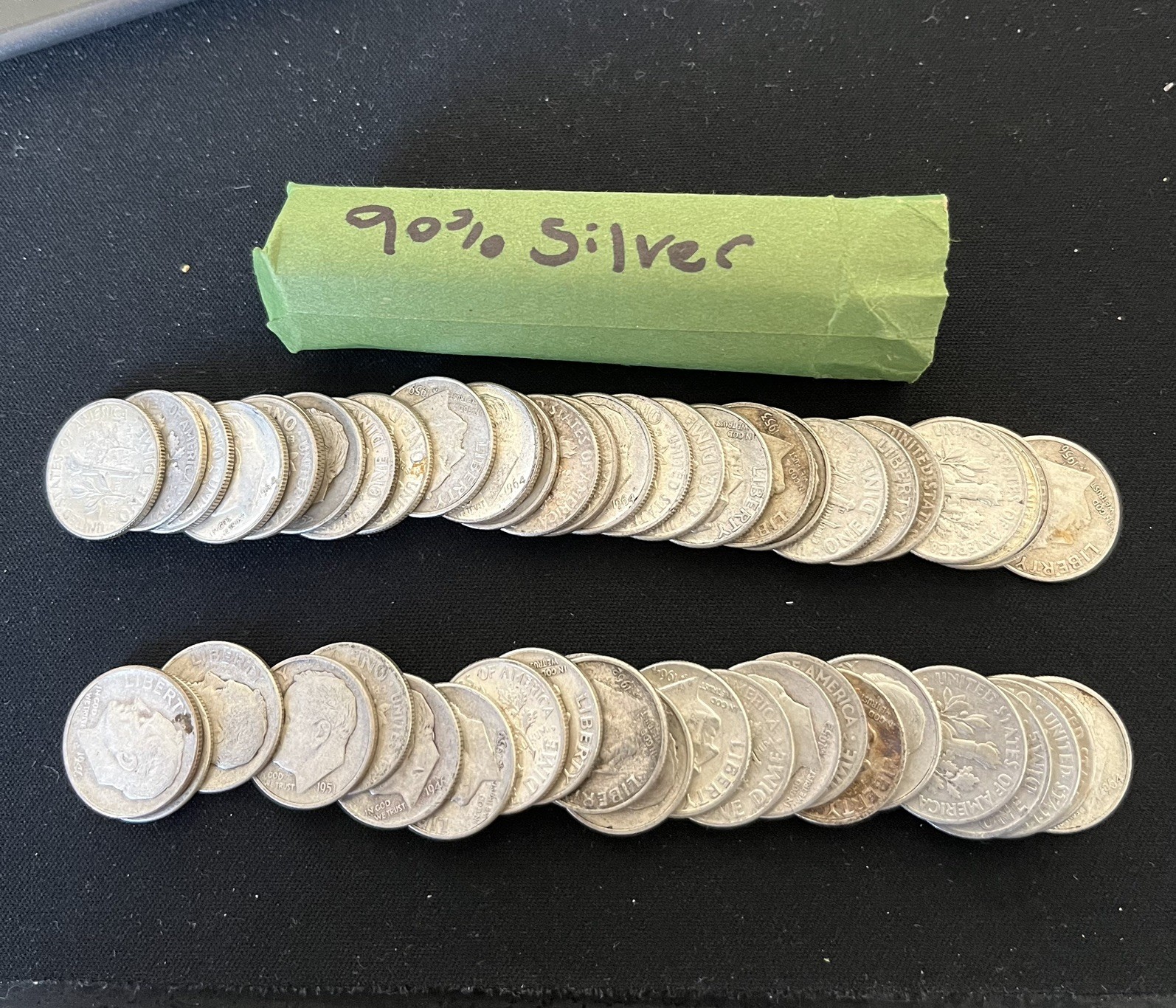 Roosevelt Dimes Roll of 50 - Mixed Date and Mint 1946 to 1964 - 90% Silver Coins