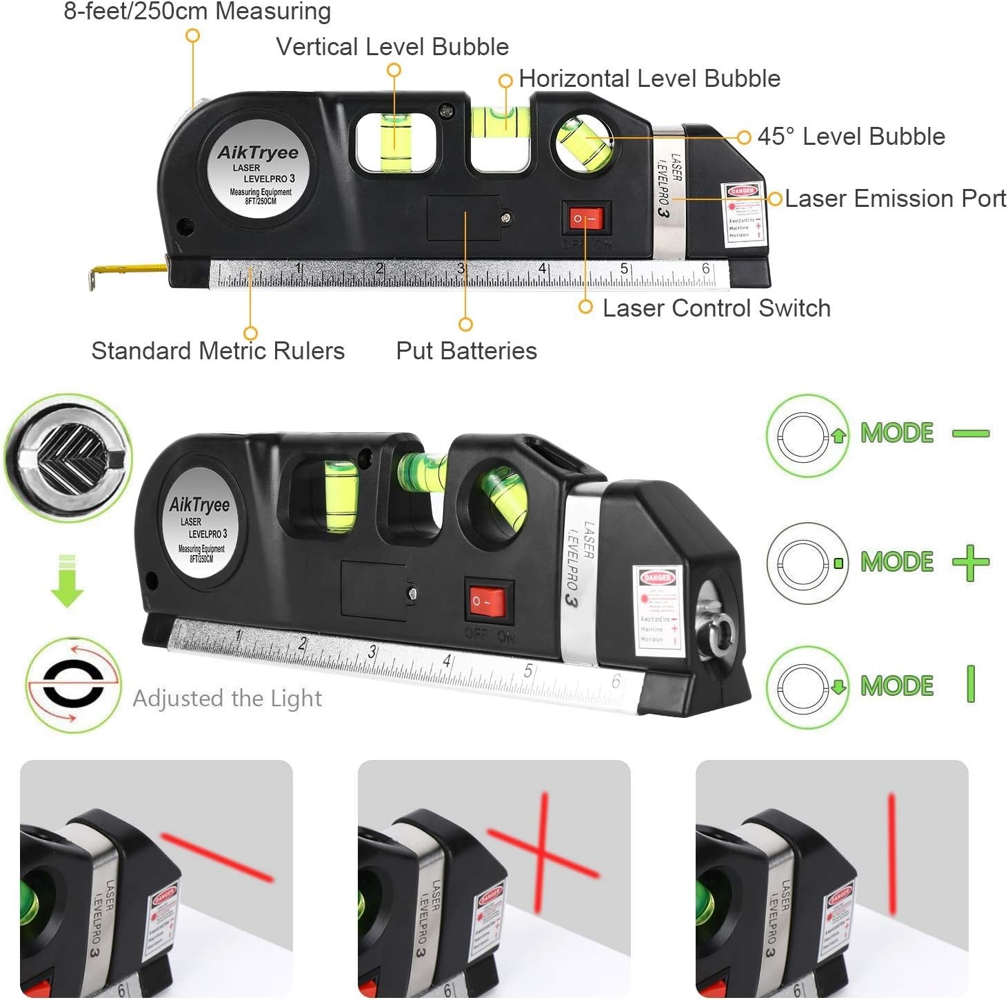 Compact 8ft Laser Level Tool for Picture Hanging and Cabinet Installation