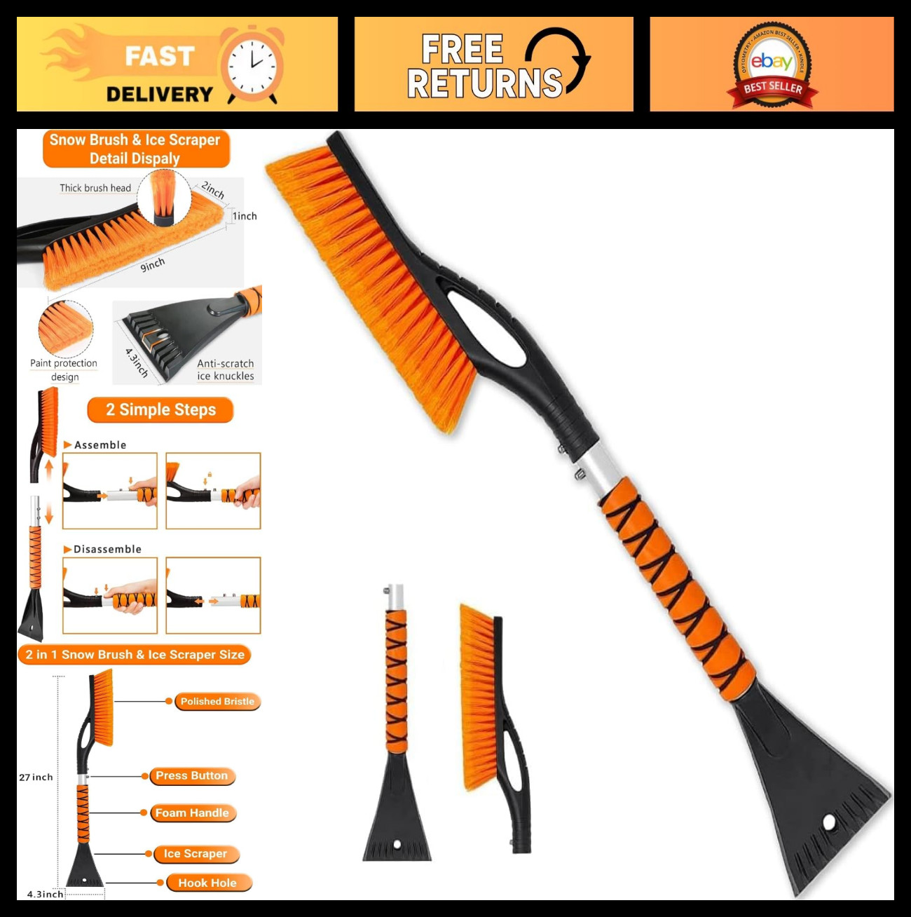 27" Heavy Duty Snow Brush & Ice Scraper for Car Windshield, Ergonomic Grip, Deta