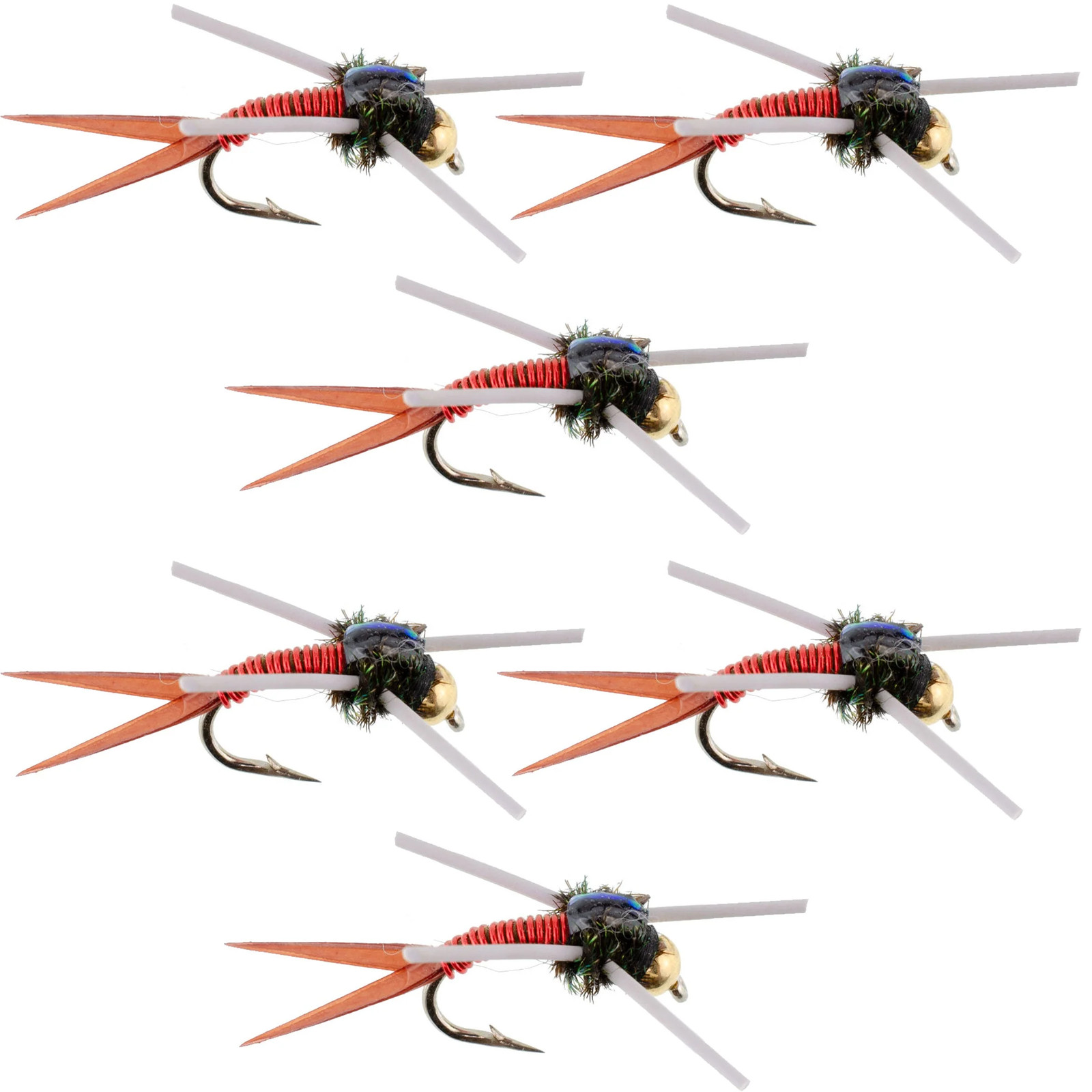 Tungsten Bead Head Rubber Legs Red Copper John Nymph Fly - 6 Flies Hook Size 14