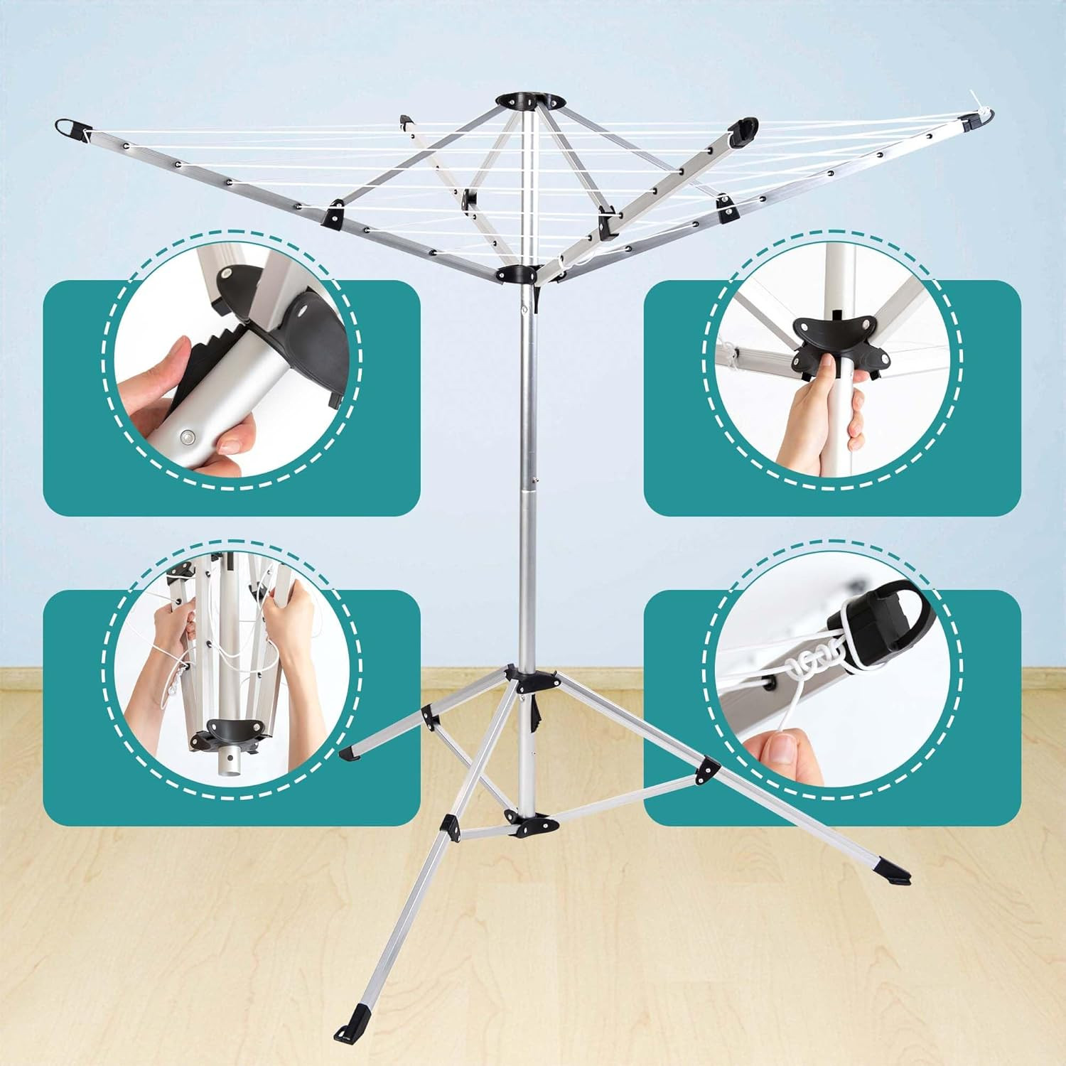 Heavy Duty 4-Arm Umbrella Clothesline, 65ft Drying Space, Adjustable Height