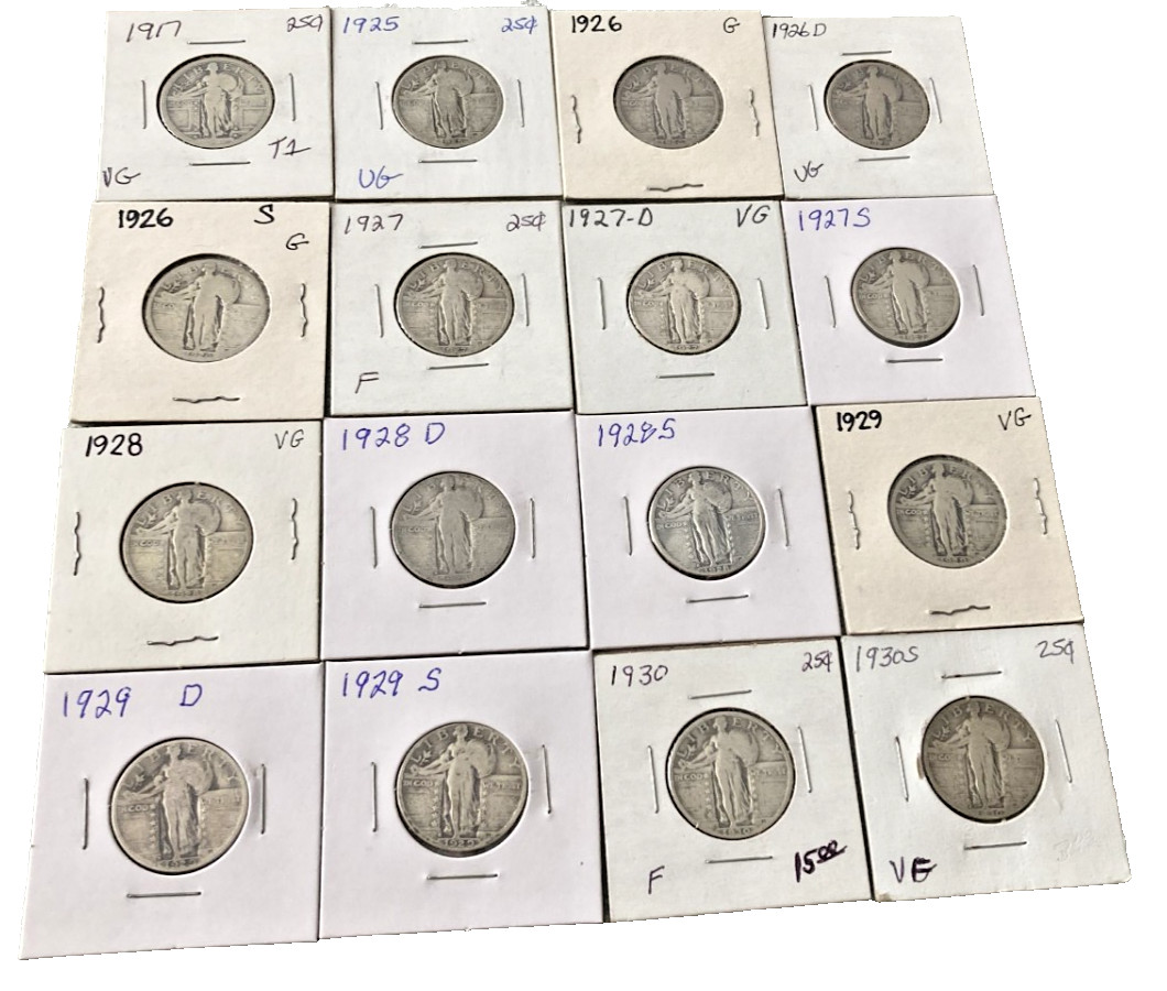 Mixed Lot Of 16, 90% Silver Standing Liberty Quarters, 1917, 1925-1930 S .