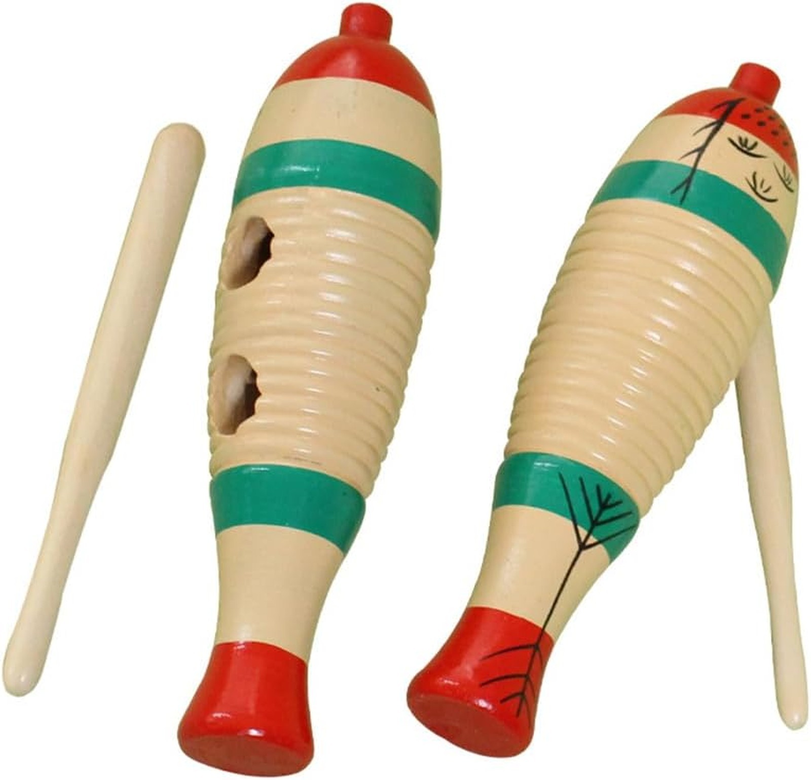 Four Pack Wooden Fish Shaped Guiro Percussion Instruments with Rhythm Sticks for