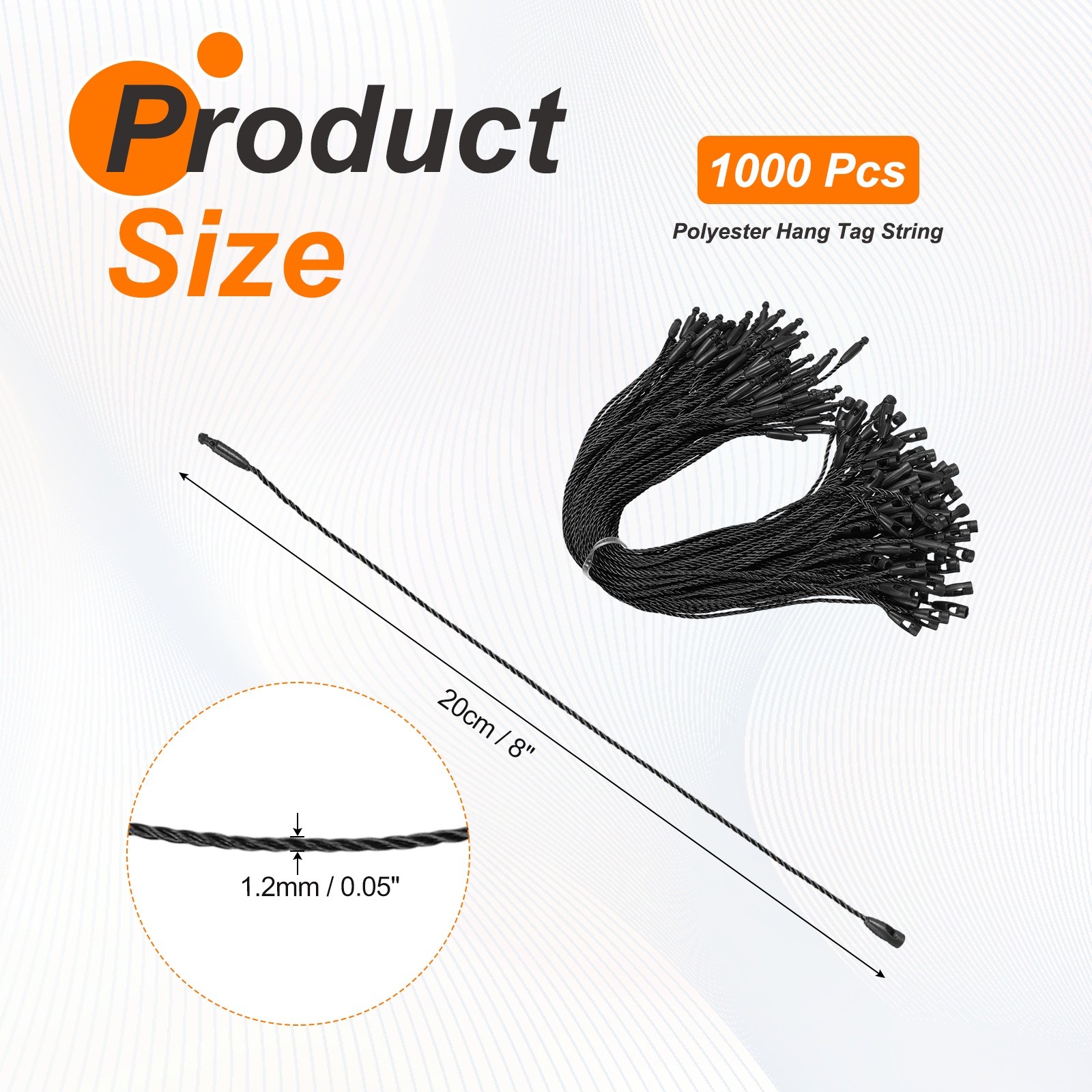 1000 Pcs Polyester Hang Tag String 8" Snap Lock Pins Loop Fastener, Black
