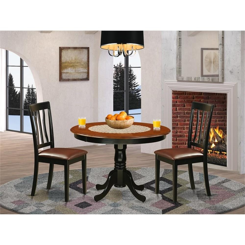 East West Furniture Hartland 3-piece Wood Dining Set with Leather Seat in Black