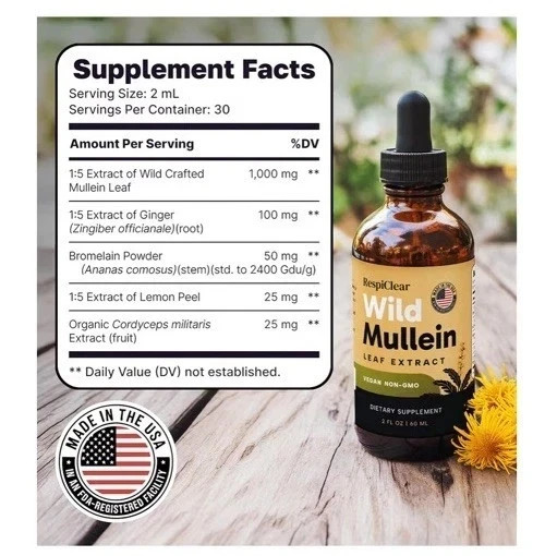 RespiClear Wild Mullein Leaf Extract Liquid Drops Vegan Non-GMO Lemon 2 fl oz