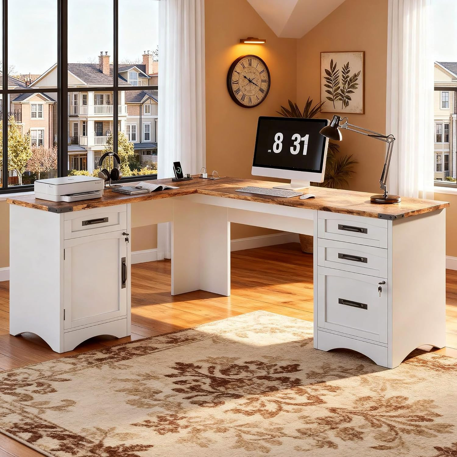 67" Farmhouse L Shaped Standing Desk with Drawers Home Office Executive Desks wi